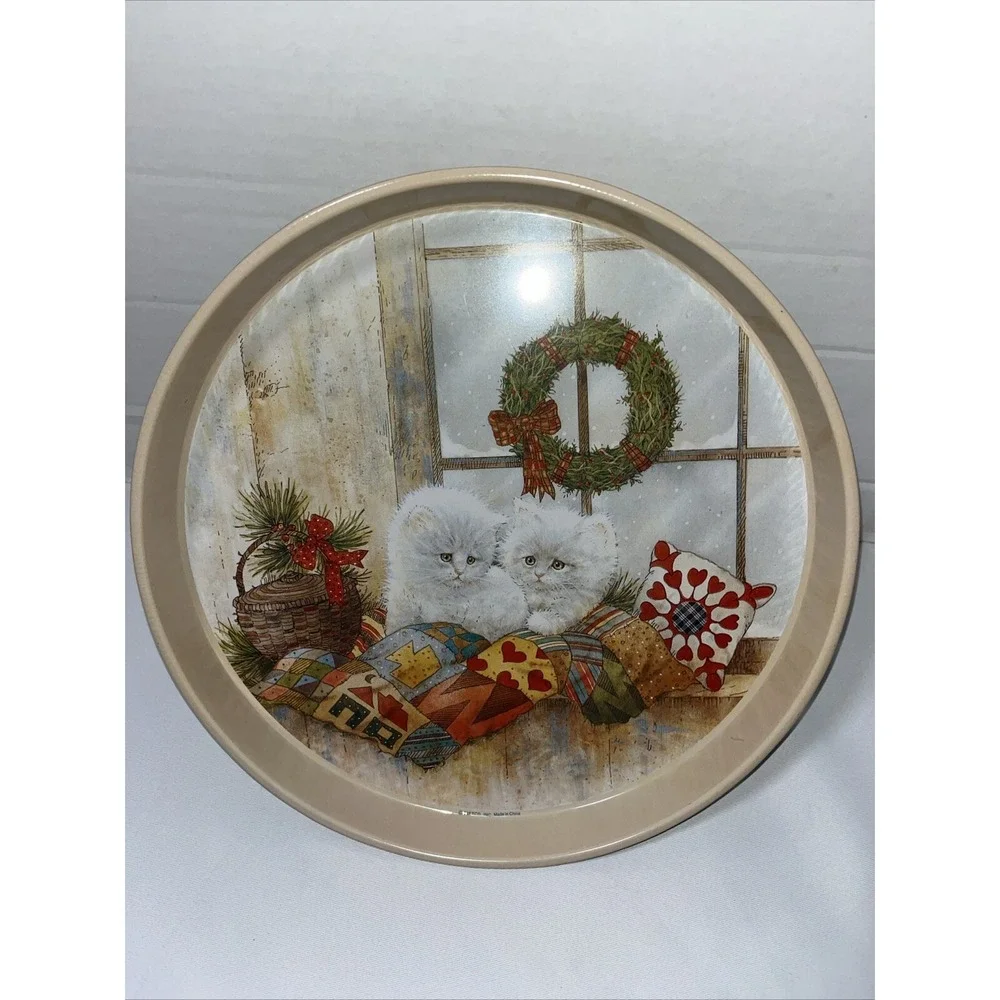 Christmas Metal Tin Giordano Cookie Serving Tray Plate Kittens, Wreath , Pillows